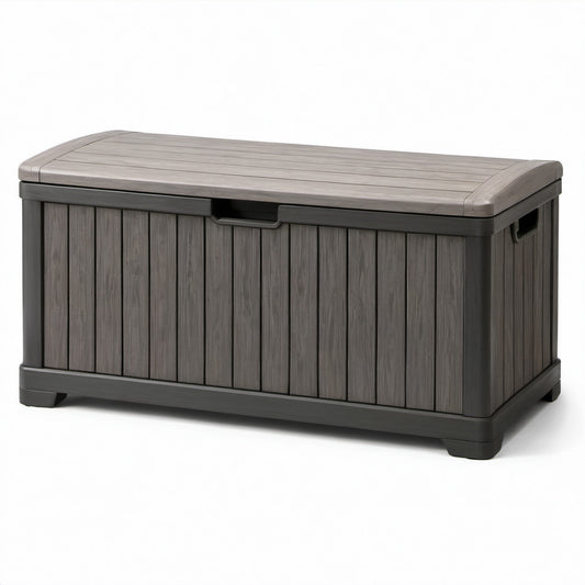 Baule da esterno 120 × 55 × 60 cm in resina grigio antracite e grigio tortora effetto legno