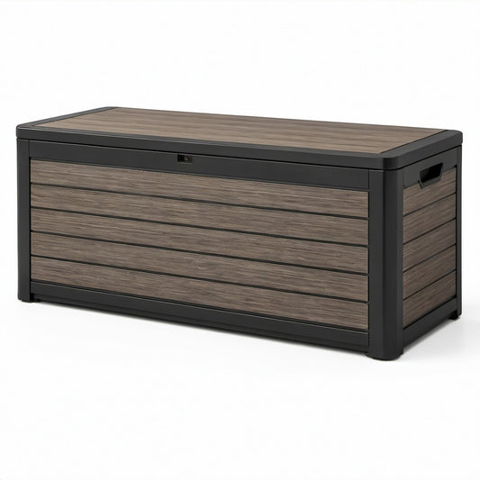 Baule portaoggetti da esterno in resina nero e marrone effetto legno, 120 × 57 × 63 cm, con coperchio