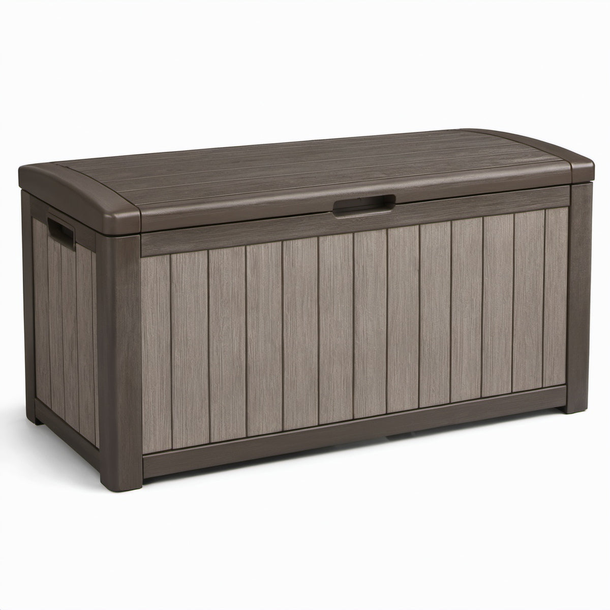Baule da esterno in resina effetto legno con coperchio, Tortora/Marrone scuro, 120 × 55 × 60 cm