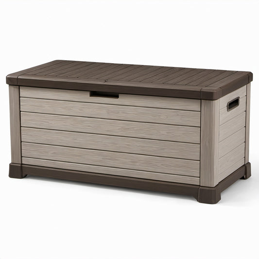 Baule portaoggetti da esterno in resina effetto legno, Tortora/Marrone, 120 × 56 × 63 cm
