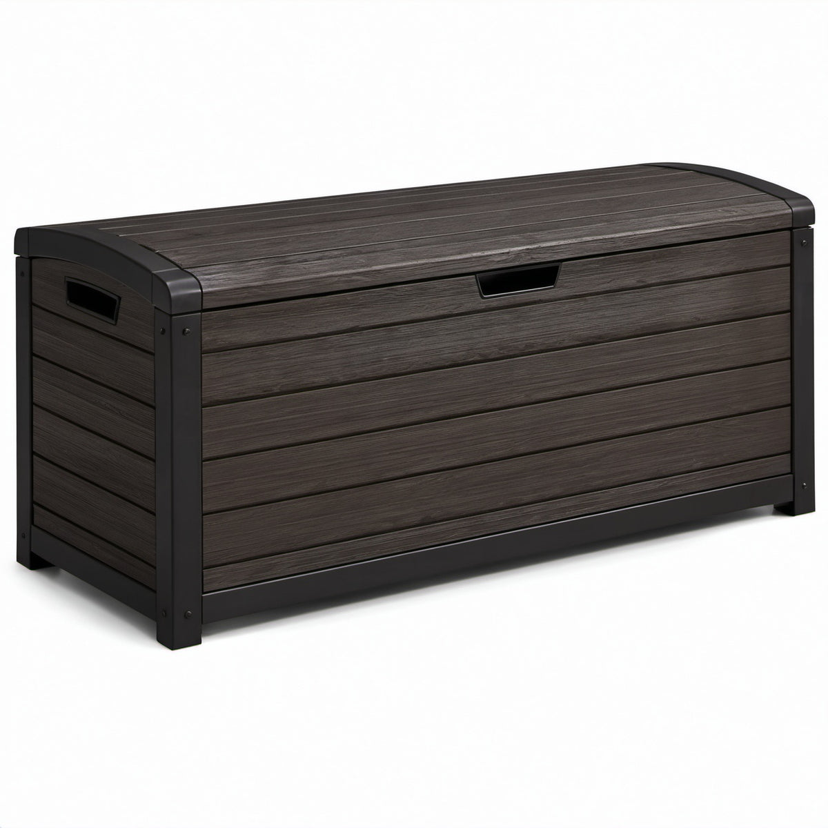 Baule contenitore da esterno in resina effetto legno, marrone scuro e nero, 120 × 55 × 60 cm