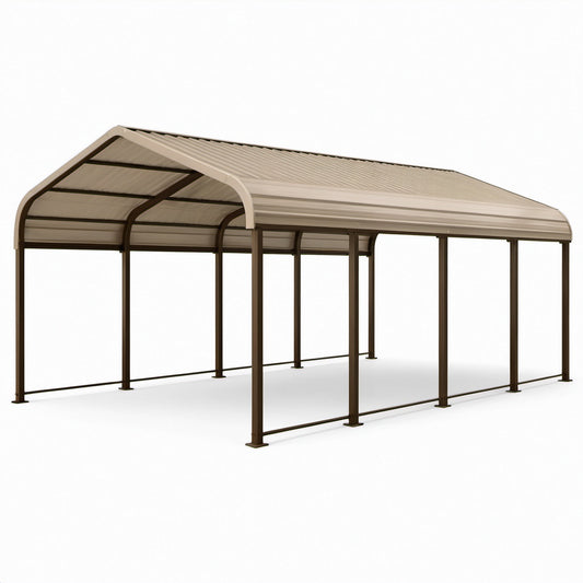 Copertura doppia autoportante in acciaio marrone e beige con tetto curvo, 600 × 600 × 280 cm