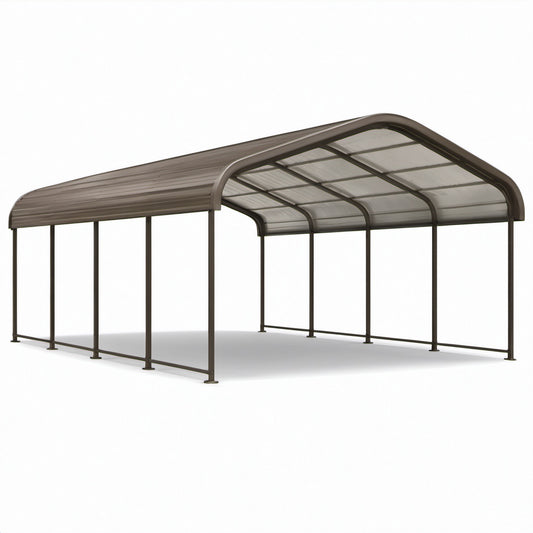 Tettoia doppia per auto 600 × 600 × 270 cm in metallo marrone con copertura trasparente fumé
