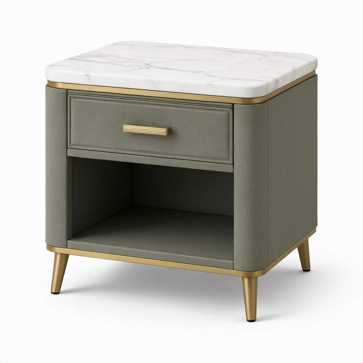 Comodino moderno verde salvia, bianco e oro con cassetto e vano aperto, 50 x 40 x 58 cm
