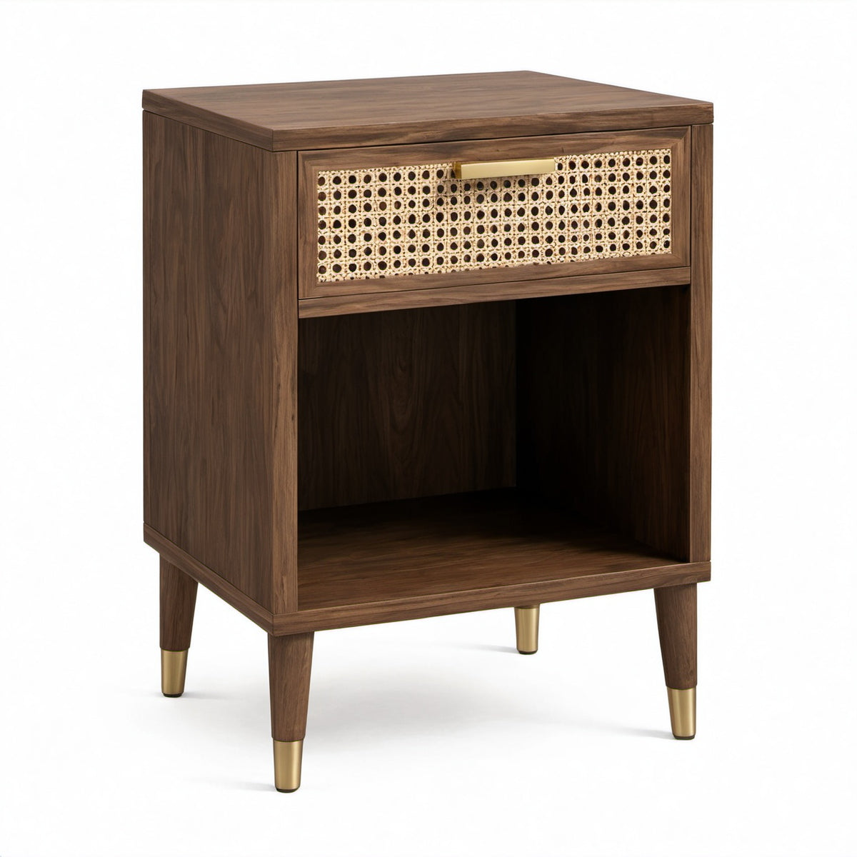 Comodino marrone in legno e rattan con cassetto e vano aperto, 55 × 40 × 65 cm