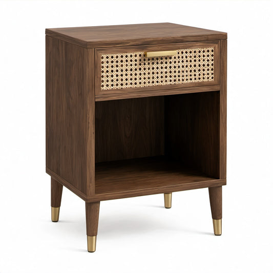 Comodino marrone in legno e rattan con cassetto e vano aperto, 55 × 40 × 65 cm