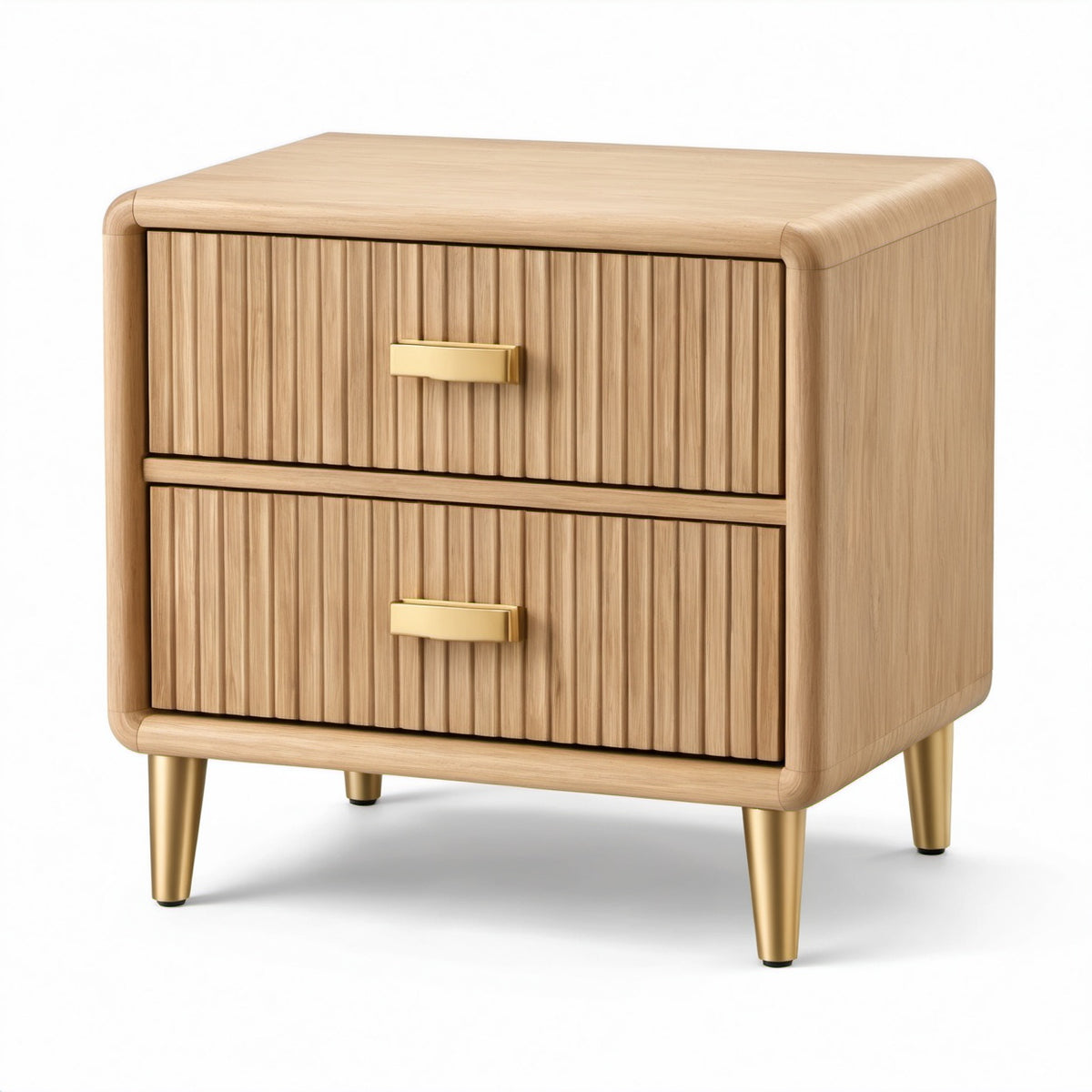 Comodino moderno effetto rovere naturale e oro con 2 cassetti scanalati, 55 × 40 × 58 cm