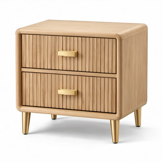 Comodino moderno effetto rovere naturale e oro con 2 cassetti scanalati, 55 × 40 × 58 cm
