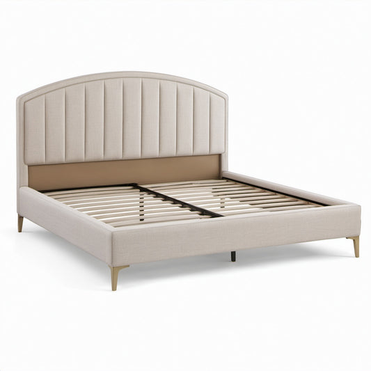 Letto matrimoniale imbottito beige 170 × 215 × 125 cm con testiera arcuata e rete a doghe