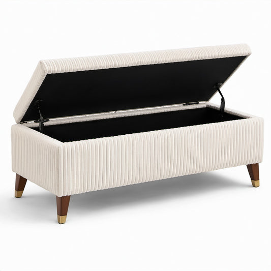 Panca contenitore imbottita in tessuto a coste crema, 110 × 45 × 45 cm, con vano interno