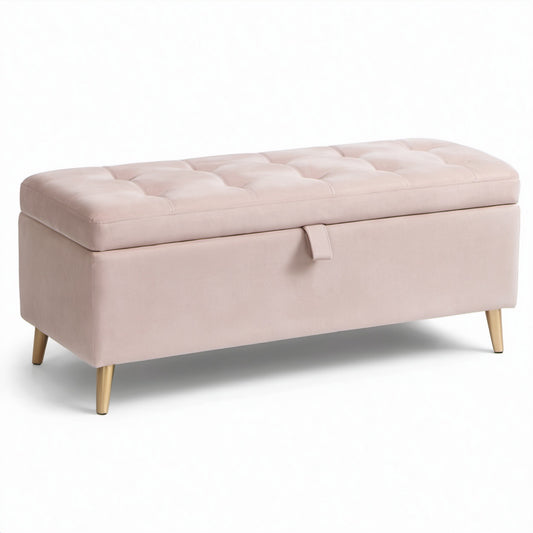 Panca contenitore in velluto rosa cipria con seduta trapuntata e gambe color oro, 110 × 40 × 45 cm