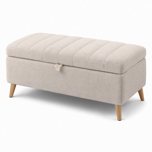 Panca contenitore in tessuto bouclé beige con gambe color legno naturale, 110 × 45 × 48 cm