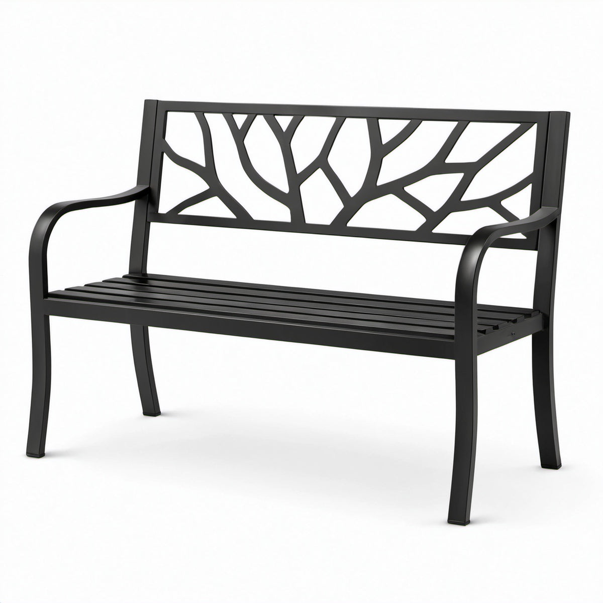 Panchina da giardino a 2 posti in metallo nero con schienale decorativo, 127 × 60 × 86 cm