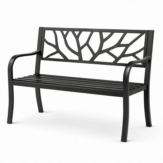 Panchina da giardino a 2 posti in metallo nero con schienale decorativo, 127 × 60 × 86 cm