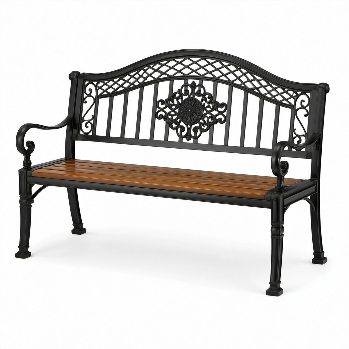 Panchina da esterno a 2 posti in metallo nero e legno marrone, 127 × 60 × 89 cm