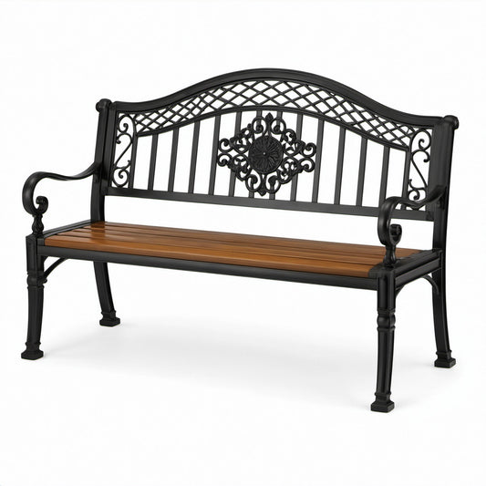 Panchina da esterno a 2 posti in metallo nero e legno marrone, 127 × 60 × 89 cm