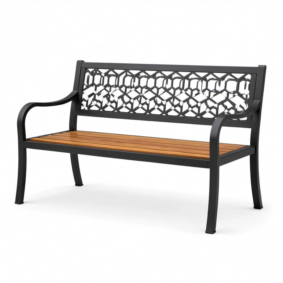 Panca da giardino a 2 posti in metallo nero e legno marrone, 126 × 60 × 87 cm, con schienale decorativo