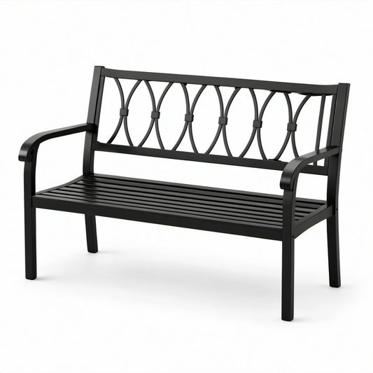 Panca da giardino in metallo nero a 2 posti, 127 × 60 × 85 cm, stile classico