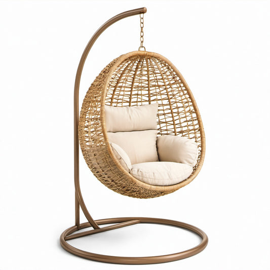 Poltrona sospesa marrone e beige 105 × 105 × 195 cm con struttura in metallo e intreccio effetto rattan