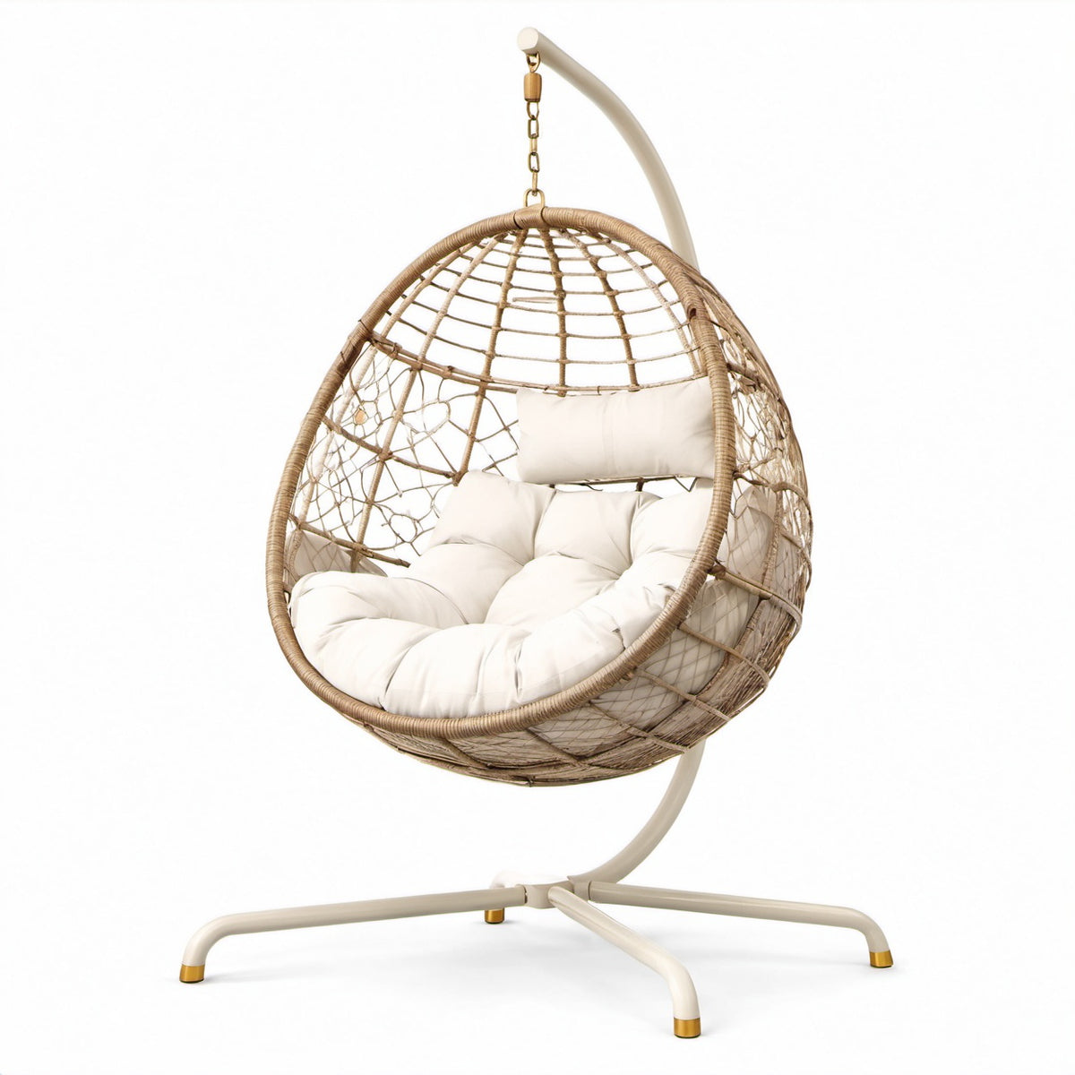 Poltrona sospesa con supporto, cuscini e intreccio effetto rattan, Beige/Bianco/Ottone, 120 × 105 × 195 cm