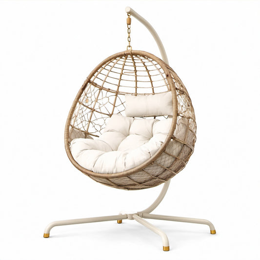 Poltrona sospesa con supporto, cuscini e intreccio effetto rattan, Beige/Bianco/Ottone, 120 × 105 × 195 cm