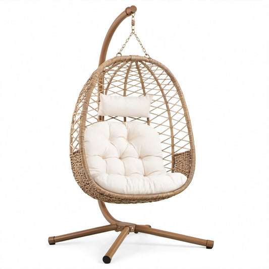 Poltrona sospesa autoportante in acciaio e rattan sintetico beige, 105 × 105 × 195 cm